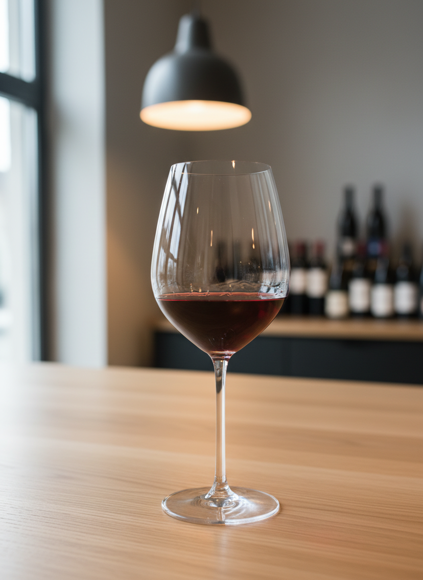 A crystal-clear Riedel-style wine glass half-filled with a luminous ruby-red Scandinavian-imported wine rests on a smooth light oak countertop. The wine’s surface shows delicate legs forming along the glass, with micro-reflections of a minimalist, high-end wine studio interior in the background. Soft warm pendant lighting from above mixes with cool natural window light from the side, creating a nuanced play of highlights and shadows on the glass and the countertop grain. The mood is refined and contemplative, inviting quiet exploration of aroma and flavor. Shot from a slightly elevated three-quarter angle with a shallow depth of field, the photographic image emphasizes clarity, detail, and a clean modern aesthetic with subtle bokeh of bottle silhouettes behind.