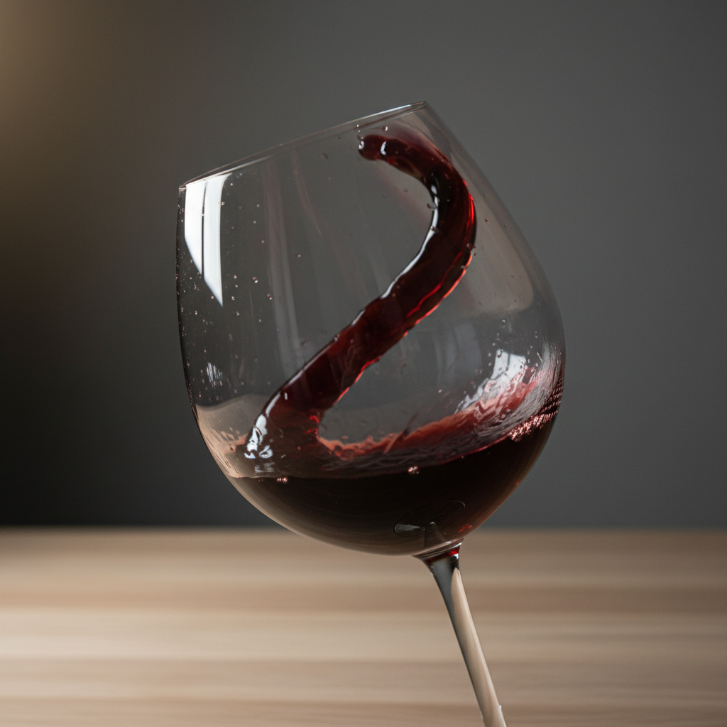 A dramatic swirling wine close-up: a large-bowled crystal glass captured mid-rotation on a pale oak surface, with deep garnet red wine forming a smooth spiral along the inner curve of the glass. Tiny droplets and thin legs catch the light, revealing density and texture. The background is a softly blurred, dark charcoal wall that enhances contrast. A focused beam of warm spotlight from the upper left highlights the motion and illuminates the wine’s translucent edges, while the rest of the scene falls into gentle shadow. The atmosphere is intimate, almost cinematic, suggesting the magic moment before a professional tasting. Photographic realism with a fast shutter feel, low angle close to table height, shallow depth of field, emphasizing movement, color, and sensual elegance.