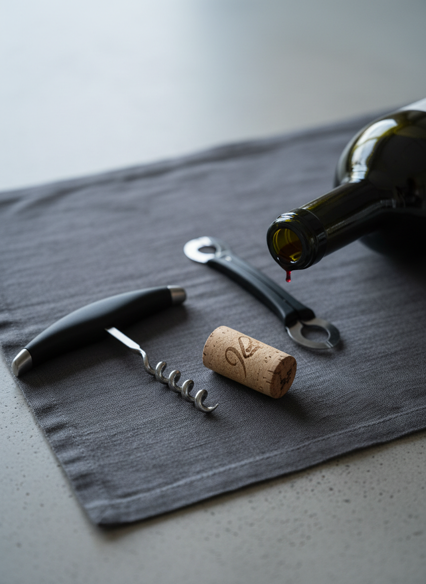 A close-up of a sommelier’s tool still life, without any human presence: a brushed steel corkscrew with a matte black handle, a natural cork imprinted with an elegant logo, and a thin-bladed foil cutter arranged precisely on a charcoal linen napkin. Next to them lies an open dark glass bottle showing a clean cut foil edge, with a small ring of wine clinging to the inside of the neck. They rest on a pale concrete counter with subtle texture. Cool, diffused overcast light from above and slightly to the side creates soft, controlled shadows and crisp edges. The mood is meticulous and professional, hinting at behind-the-scenes vinimport craft. Photographic realism, macro-style composition with shallow depth of field, emphasizing materials, textures, and quiet sophistication.