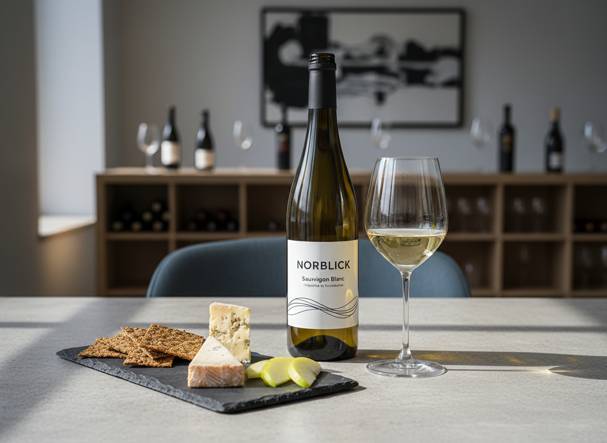 A refined wine-and-food pairing tableau on a light grey stone table: a bottle of elegant European white wine imported to Scandinavia, its label featuring simple black typography and a small abstract wave motif, stands beside a single filled glass of pale straw wine. Nearby, a slate board holds a restrained selection of Nordic-inspired bites: thin rye crisps, a small wedge of aged hard cheese, and a few fresh green apple slices. Soft afternoon window light enters from the right, creating delicate highlights on the glass stem, gentle shadows under the board, and a cool, airy ambiance. The background dissolves into a subtle blur of a modern wine studio interior. Photographic realism, shot from a slightly elevated angle, balanced composition, conveying calm sophistication and mindful tasting.