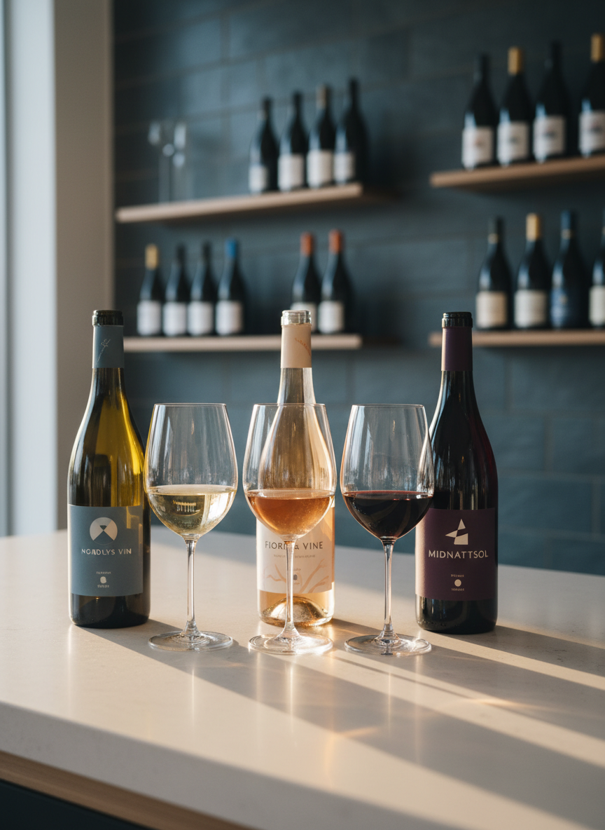 An elegantly arranged wine tasting setup featuring three distinct bottles from small European producers imported to Scandinavia, each with uniquely modern labels in muted tones of slate blue, soft beige, and deep plum. They stand in a line on a matte white stone counter, accompanied by three polished wine glasses aligned in front, each holding a different shade of wine: pale straw, rose-gold, and garnet. A slate-tiled wall and minimal shelving with neatly organized bottles fade into a soft blur. Golden hour light streams in from the left, casting warm, elongated shadows and rich reflections through the glasses. The atmosphere is curated and intellectual, suggesting a guided tasting. Photographic realism with a wide aperture, shot at eye level, balanced composition emphasizing order and Scandinavian minimalism.